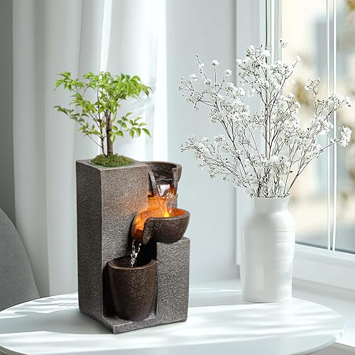 Tabletop Waterfall Fountain with LED Light & Plant Pot - Indoor Desk Decor