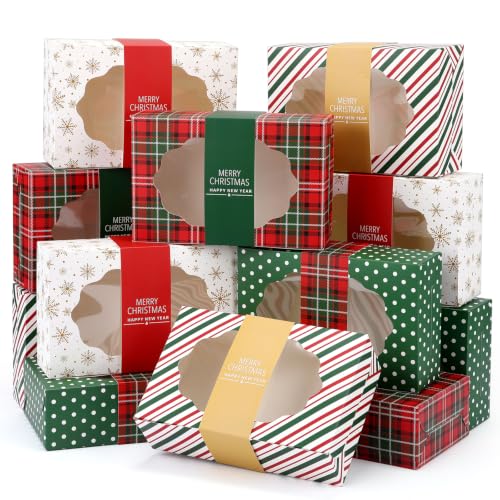 Gueevin 12 Pcs Christmas Cookie Boxes Gift Set, 8.5 x 5.75 x 2.75 in, Vintage Designs (12 Count / 4 Styles)