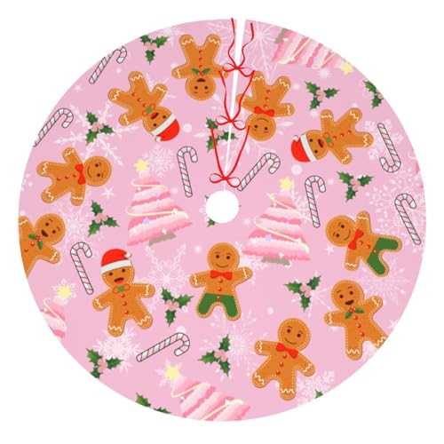 JOOCAR 48 Inch Pink Christmas Tree Skirt with Lace Up Candy Cane Gingerbread Pattern - 122cm