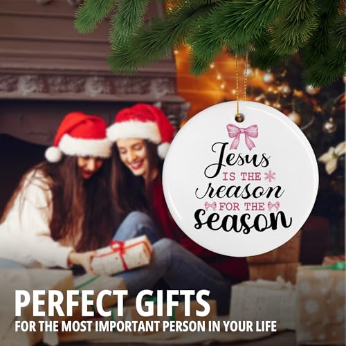 DIENADFX Jesus Ceramic Christmas Ornament Pink Bow Holiday Decor Religious Gift