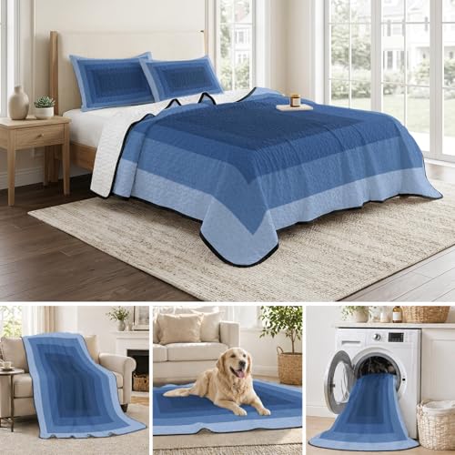 Twin XL 3D Optical Illusion Quilt Bedding Set - Blue Geometric Comforter with Pillowcases