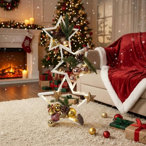 3 Pack Wooden Star Christmas Decor with LED Lights - Rustic Farmhouse Style
