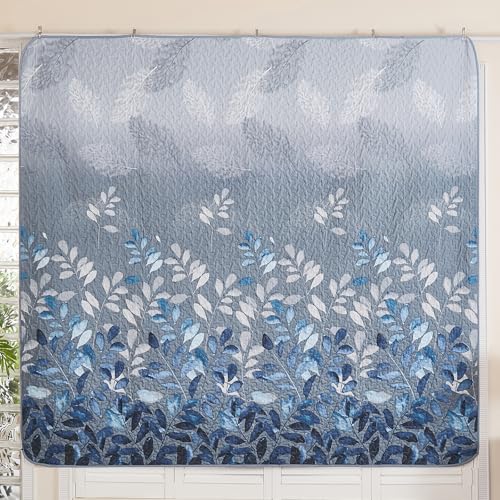 Blue Floral Quilt Set - California King, 3-Piece Microfiber Bedding