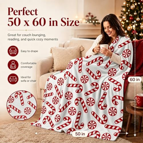 Zzkol Candy Cane Christmas Throw Blanket 50x60in - Red & White Peppermint (Candy Cane Variation)