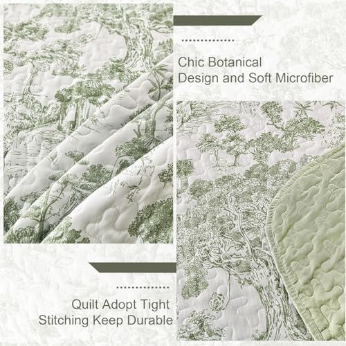 Sage Green Botanical Quilt Set - Queen 3-Piece Reversible Floral Coverlet