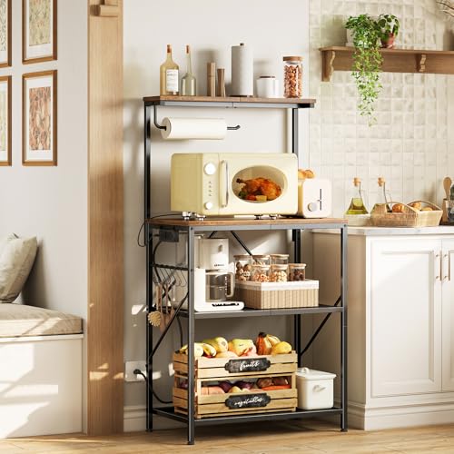 4-Tier Kitchen Bakers Rack with Power Outlet, Microwave Stand & Coffee Bar