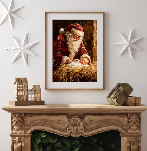 XOCUUI 8x10 Santa with Sleeping Baby Nativity Canvas Print - Framed? Unframed Holiday Wall Art