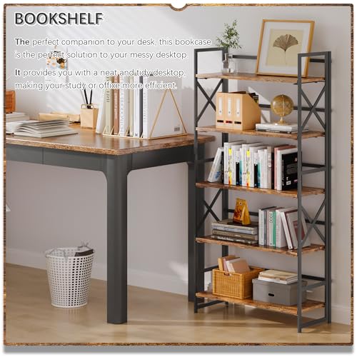 5-Tier Industrial Folding Bookshelf, No-Assembly Metal & Wood Bookcase