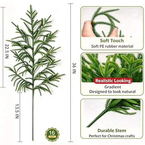 GIAUMA 36 Inch Artificial Norfolk Pine Stems - 16 Pack Realistic Holiday Decor