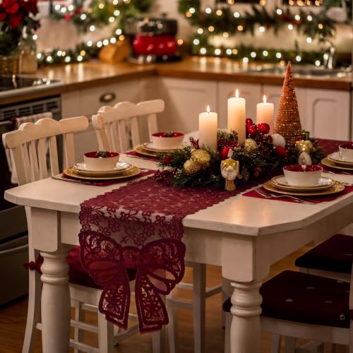 Windkream Burgundy Lace Table Runner with Bow Ends 12x71 Inch for Holiday & Wedding Decor