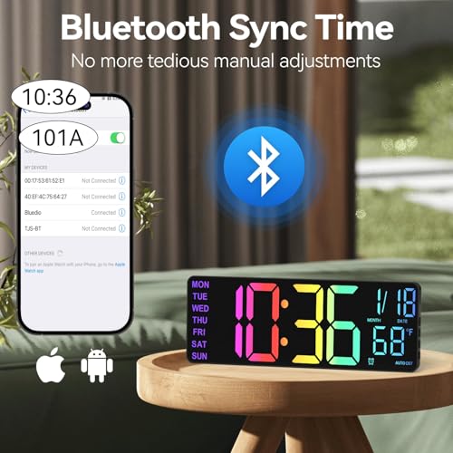 YISILE 13-Inch Black Digital Wall Clock with Night Light, RGB Colors, Dual Alarms & Voice Control