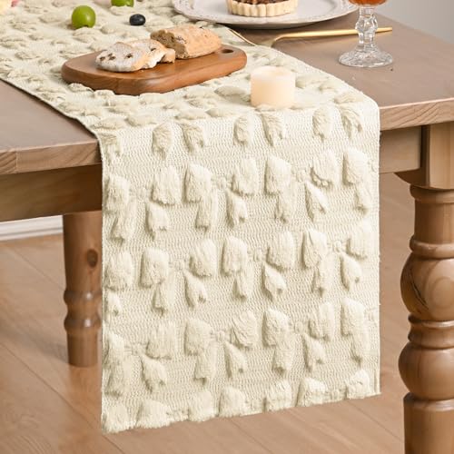 13x60 Inch Beige Faux Fur Jacquard Bows Table Runner - Valentine's Home Decor