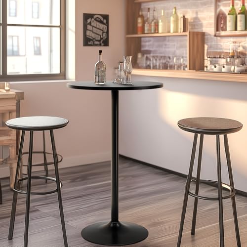 40-Inch Round Bar Table with Wooden Top and Metal Base