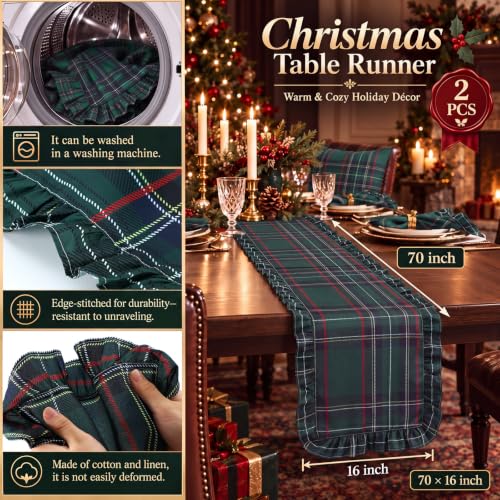 Moukeren 2-Pack Christmas Tartan Plaid Table Runners with Ruffle - Farmhouse Style, 16x70 Inches