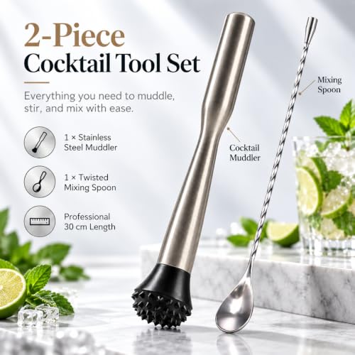 LEGERM 12-Inch Stainless Steel Cocktail Muddler & Bar Spoon Set for Mojitos, Lime & Fruit Drinks