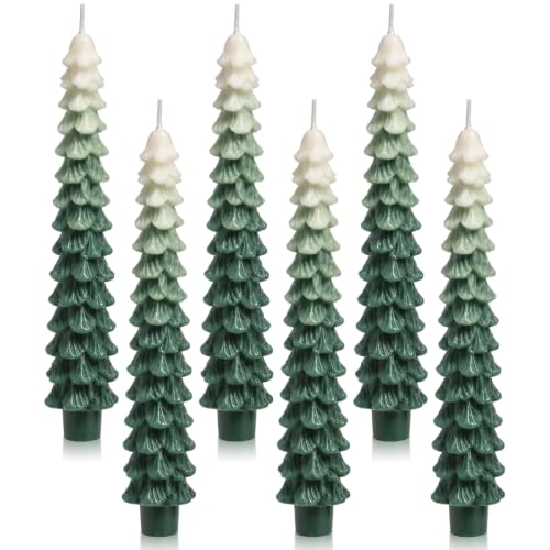 Funtery 6-Pack 10 Inch Layered Christmas Tree Candles in Forest Green Ombre - Real Wax