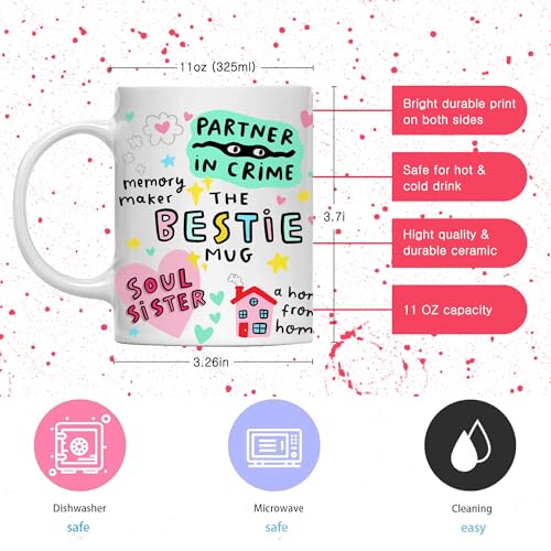 Gossby Bestie Mug - Friendship Coffee Cup for Women - 11oz White Ceramic - The Bestie Variation