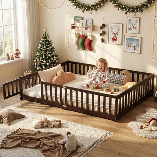Queen Montessori Floor Bed with Safety Guardrails and Lockable Door