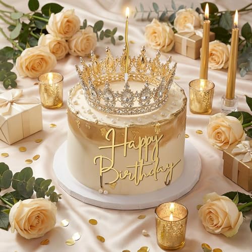 3-Piece Gold Rhinestone Crown Cake Topper Set with Candles