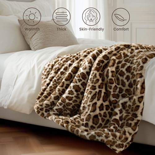 Heated Faux Fur Throw Blanket - Leopard Print, 6 Heating Levels, 50"x60"