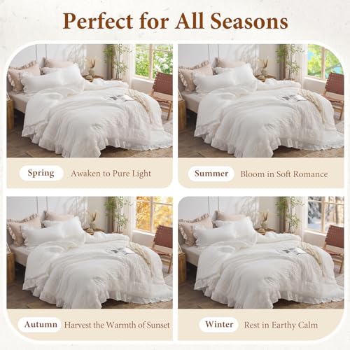 White Ruffle Seersucker Queen Comforter Set - 3-Piece Soft Bedding Set