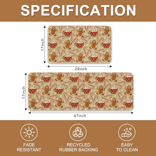 Brown 2-Piece Christmas Kitchen Floor Mats - Gingerbread & Candy Cane, Non-Slip Doormats