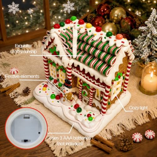 8-Inch Lighted Gingerbread House - Handmade Clay Christmas Decor