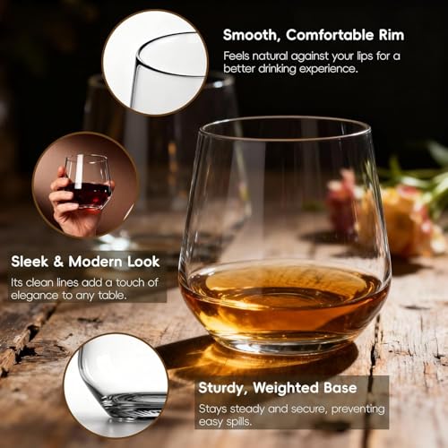Stemless Wine Glasses Set of 4, 13.5oz Lead-Free Crystal Clear Glassware