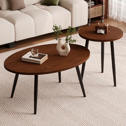 2-Piece Nesting Coffee Table Set, Mid-Century Modern Walnut Oval Tables