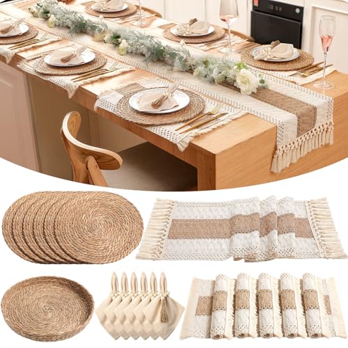 Boho Farmhouse Table Runner and Placemat Set with Napkins and Bead Rings