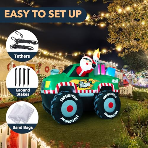 7 ft Santa Monster Truck Inflatable Yard Decor for Christmas Outdoor Garden