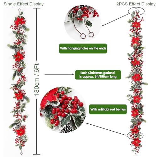 2PCS Red Berry Christmas Garland with Pine Cones & Poinsettias, 12FT Holiday Decor