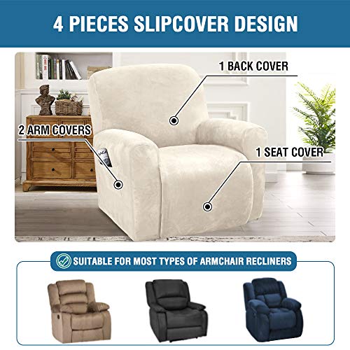 Recliner Chair Cover Set - 4-Piece Velvet Slipcovers, Ivory