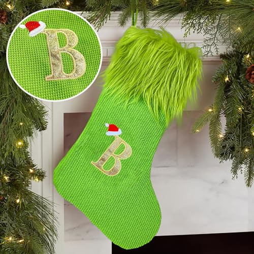 Bemuiz 18 Inch Green Monogram Christmas Stocking - F Variation, Elf Fur Trim