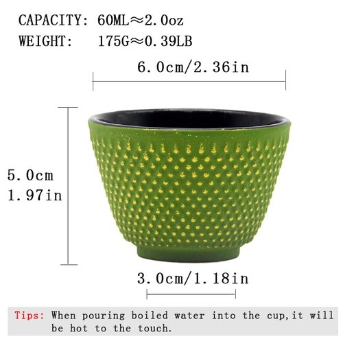 SECHUDO Japanese Cast Iron Tea Cups, Small and Heavy Teacups with no Handles, Japanese Style Cup for Adults, Asian Teacups, Coated with Enameled Interior, 4 Pcs/Box (Green, 2oz/60ml)