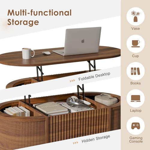 Fluted Lift Top Coffee Table with Hidden Storage, Walnut Wood Oval Table