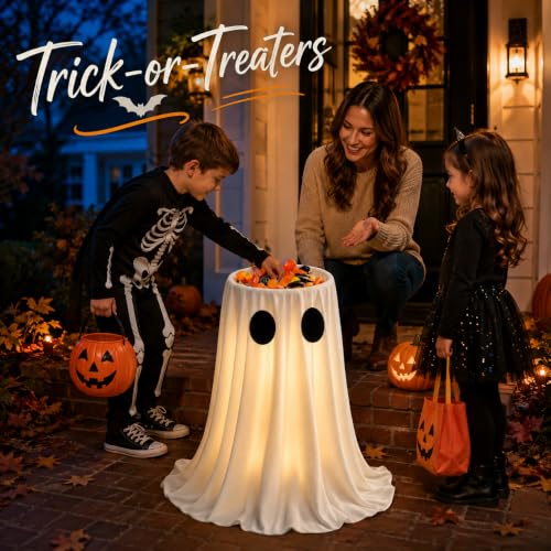 30-Inch Lighted Halloween Ghost Candy Bowl Holder with Remote Timer