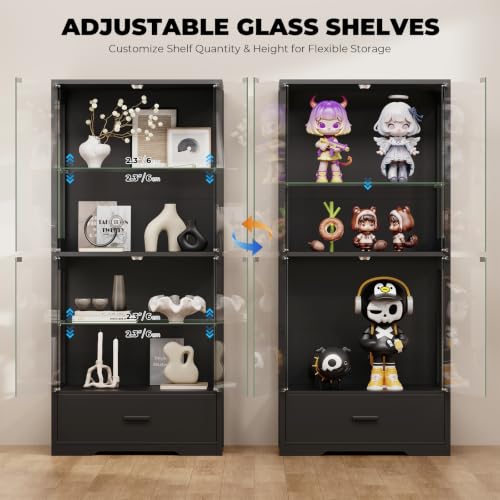 4-Tier Glass Display Cabinet with LED Lights and Drawer, Black