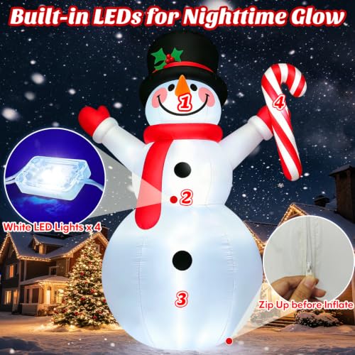 12FT Large Snowman Christmas Inflatable with Candy Cane - LED Light-Up Outdoor Decoration