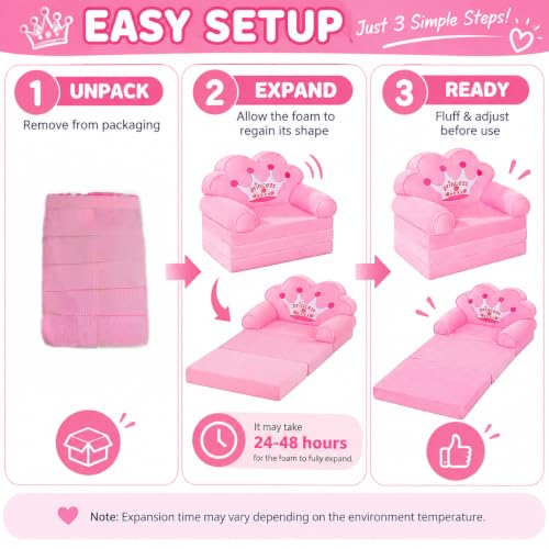 MOONBEEKI Kids Foldable Princess Couch - Toddler Sofa & Play Seat, Pink