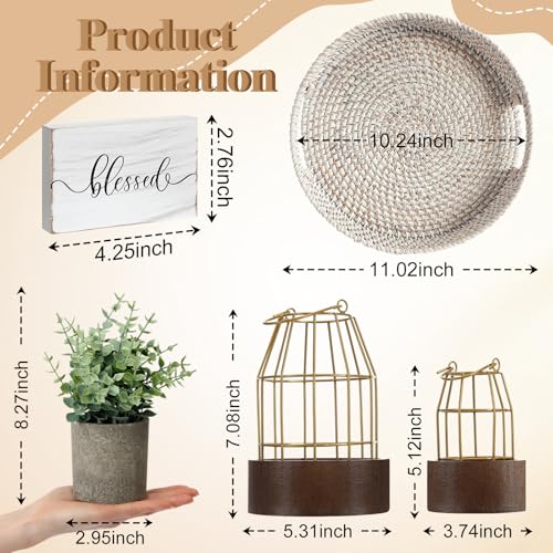 Modern Rustic Farmhouse Lantern Decor Set of 5 - Small, Gold & Burlywood, Includes Wooden Bases and Faux Eucalyptus