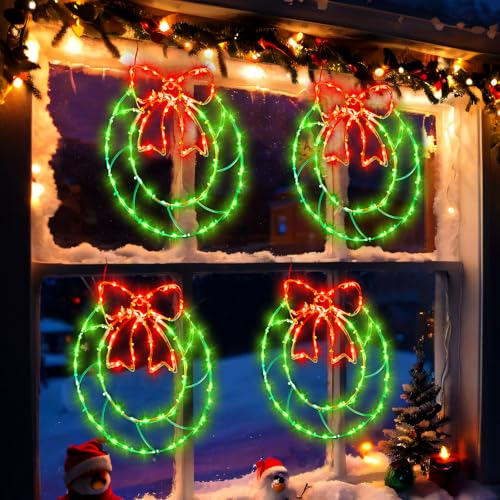 Glooglitter 8 Pcs Christmas Wreath Window Silhouette Lights Top Bow - USB 8 Modes