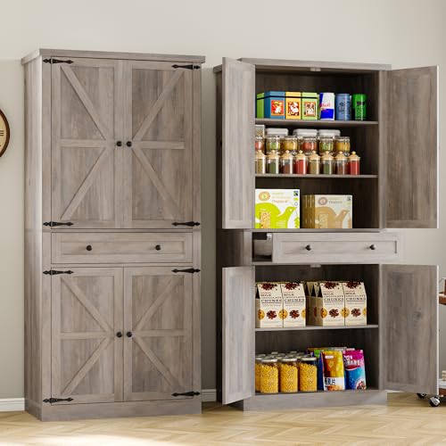 Tall Kitchen Pantry Cabinet with Barn Doors, White Storage Organizer
