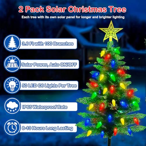 2-Pack 3.6ft Outdoor Solar Christmas Trees with 8-Mode LED Lights