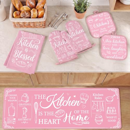 10-Piece Retro Pink Kitchen Decor & Baking Accessory Set with Towels and Rugs