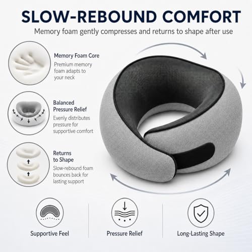 Memory Foam Travel Neck Pillow with Chin Support & Washable Cover