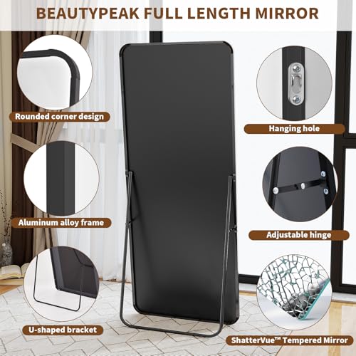 56" x 21" Full Length Floor Mirror, Aluminum Alloy Frame - Black