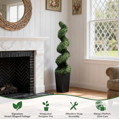 5FT Artificial Spiral Topiary Trees, Set of 2 UV Resistant Faux Boxwood Plants