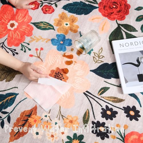 Boho Floral Washable Area Rug, 2x3 Non-Slip Low Pile Entryway Throw Mat