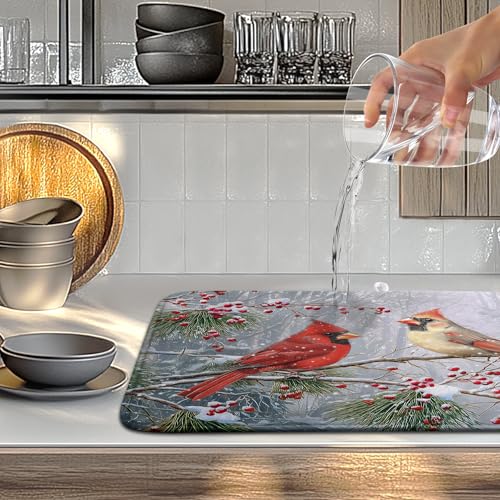 Winter Cardinal Dish Drying Mat Christmas Snowflake Kitchen Counter Large Absorbent Microfiber Reusable 18x24 in – Variation of THIS listing